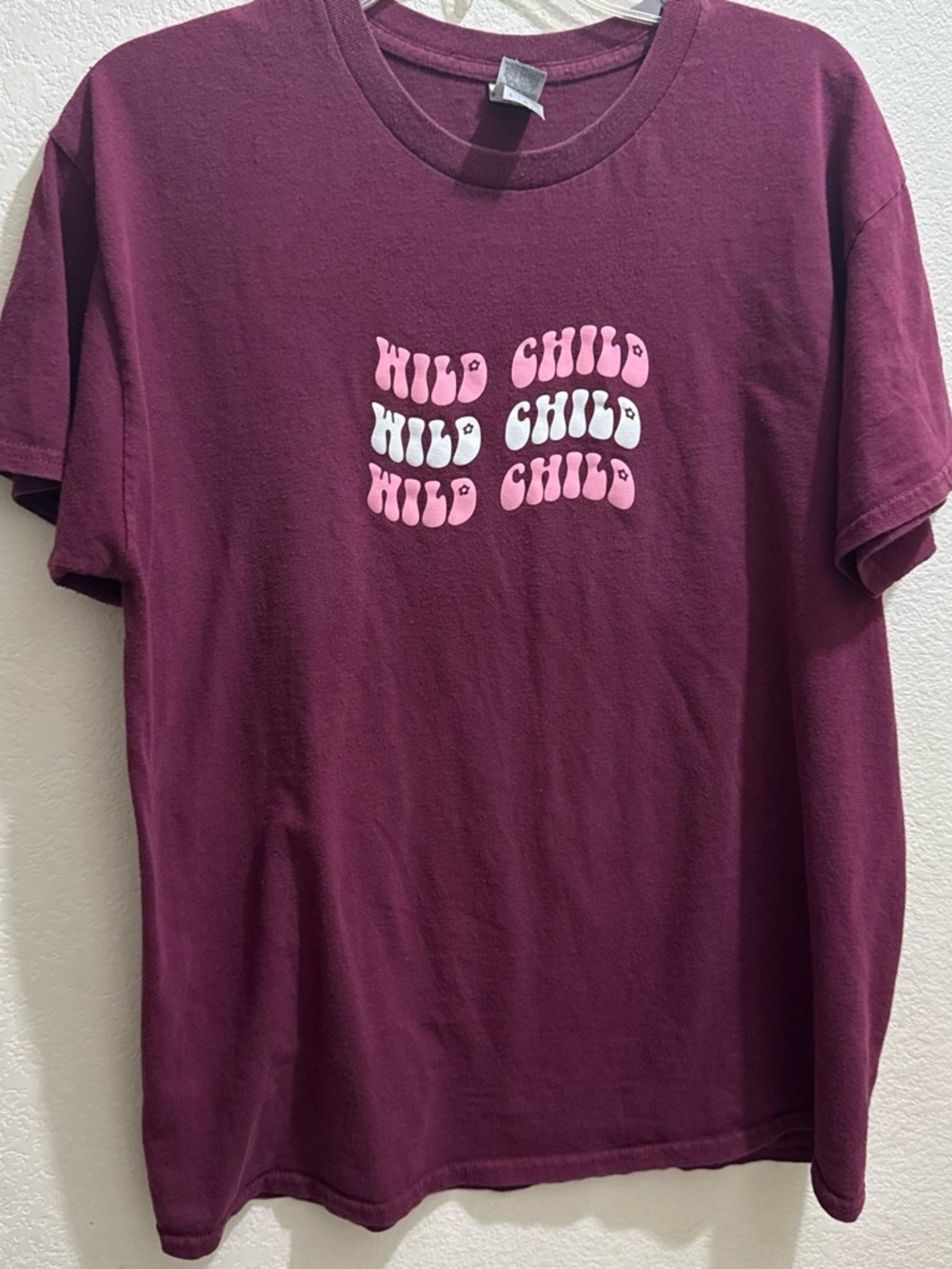 Gildan Burgundy Tee with Pink & White 'Wild Child' Graphic